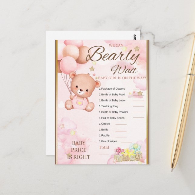 Bear Baby Shower Girl Game Postkarte (Vorderseite/Rückseite Beispiel)