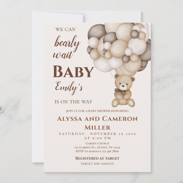 Bear Baby Shower Girl Invitation (Devant)