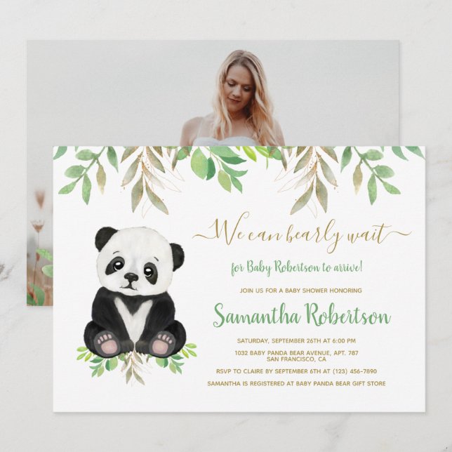 Bear Baby Shower Greenery Wasserfarbe Custom Foto Einladung (Vorne/Hinten)