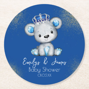 Bear Baby Shower Prince Funkelnd Blue Boys Runder Pappuntersetzer