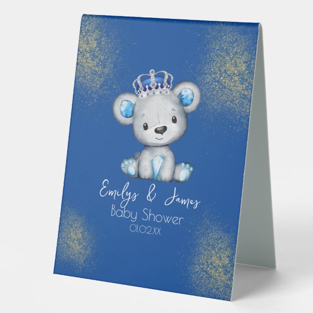 Bear Baby Shower Prince Funkelnd Blue Boys Tischaufsteller (Vorderseite)