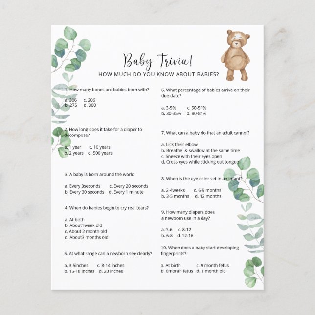Bear Baby Trivia | Baby Showspiel (Vorderseite)