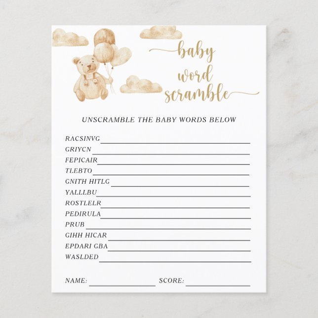 Bear Baby Word Scramble | Baby Showspiel (Vorderseite)