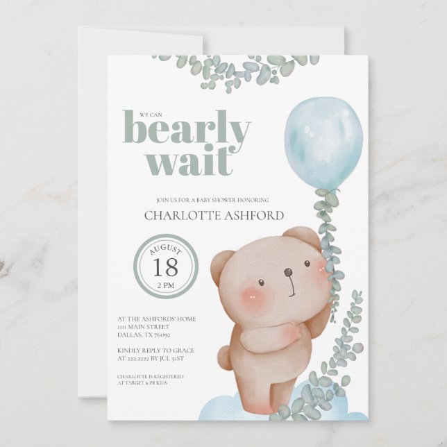 Bear Balloon Bearly Wait Blue Boy Baby Invitation (Devant)