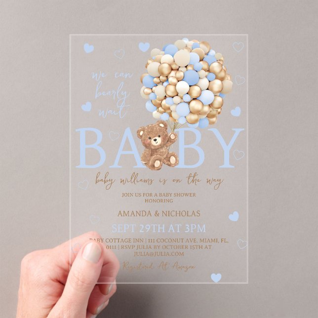 Bear Balloon Blue Baby Dusche Acryleinladungen (Insitu (Handheld))