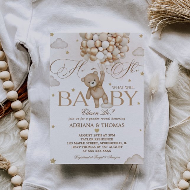 Bear Balloon Gender Reveal Einladung (Von Creator hochgeladen)