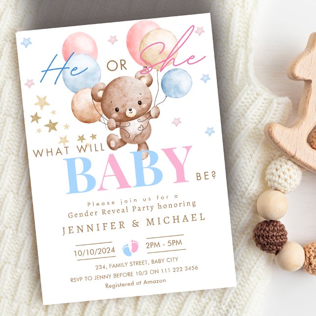 Bear Balloon Gender Reveal Party Boy oder Girl Einladung (Bear Balloon Gender Reveal Party Boy or Girl Invitation)