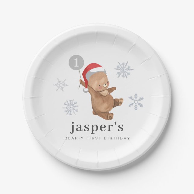 Bear Balloon Weihnachtsmannmütze Pappteller (Vorderseite)