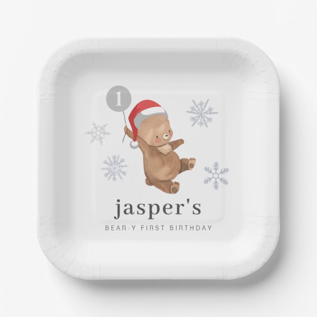 Bear Balloon Weihnachtsmannmütze Pappteller (Vorderseite)