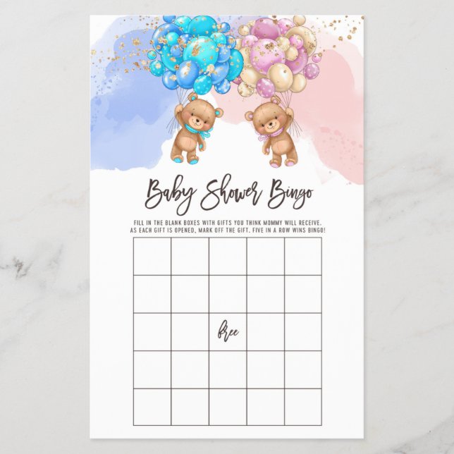 Bear Balloons Baby Bingo, Gender Reveal Bingo Game Flyer (Vorne)