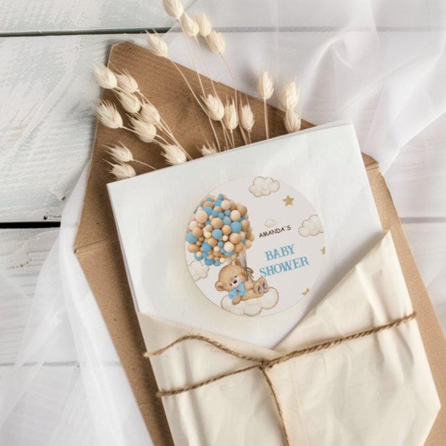 Bear Balloons Baby Boy Dusche Blue Runder Aufkleber (Von Creator hochgeladen)