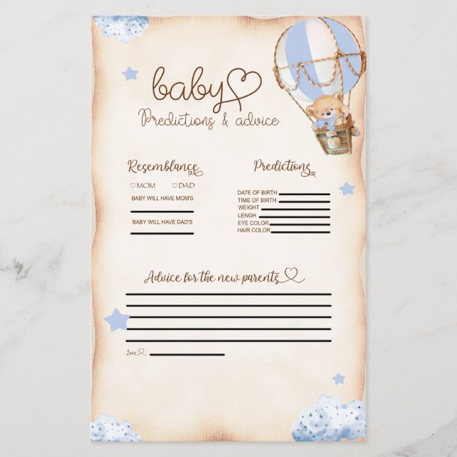 Bear Balloons Baby Predictions & Advice Game Flyer (Vorne)