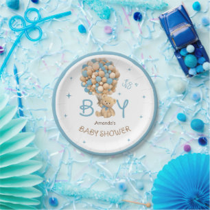 Bear Balloons Blue Beige Baby Boy Dusche Pappteller