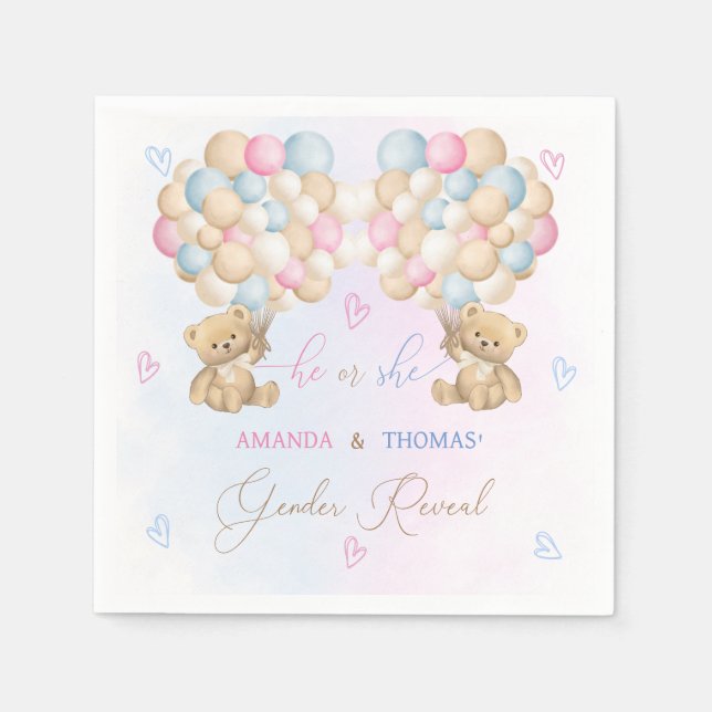 Bear Balloons Gender Reveal Pink & Blue Serviette (Vorderseite)