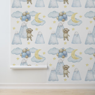 Bear Balloons Mountain Moon Star Clouds Baby Boy Tapete