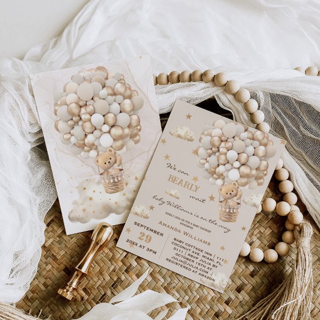 Bear Balloons Neutral Gold Baby Shower Einladung (Von Creator hochgeladen)