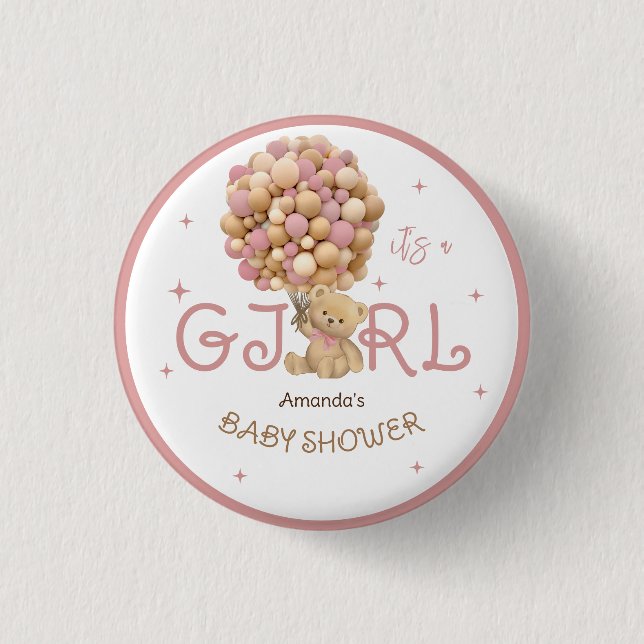 Bear Balloons Pink Baby Dusche Gefallen Button (Vorderseite)