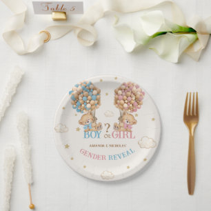 Bear Balloons Pink Blue Boho Gender Reveal Pappteller