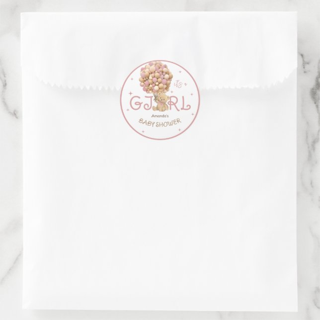 Bear Balloons Rosa Mädchen Dusche Runder Aufkleber (Tasche)