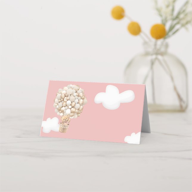 Bear Balloons warten blush Pink Baby Dusche. Platzkarte (Vorderseite)