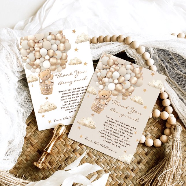 Bear Balloons warten Gold Baby Dusche Dankeskarte (Von Creator hochgeladen)