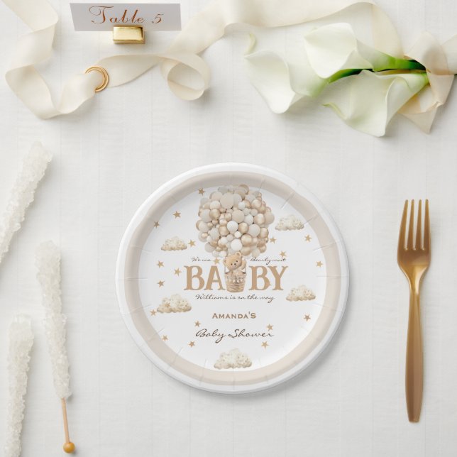 Bear Balloons warten weiße Beige Babydusche Pappteller (Hochzeit)