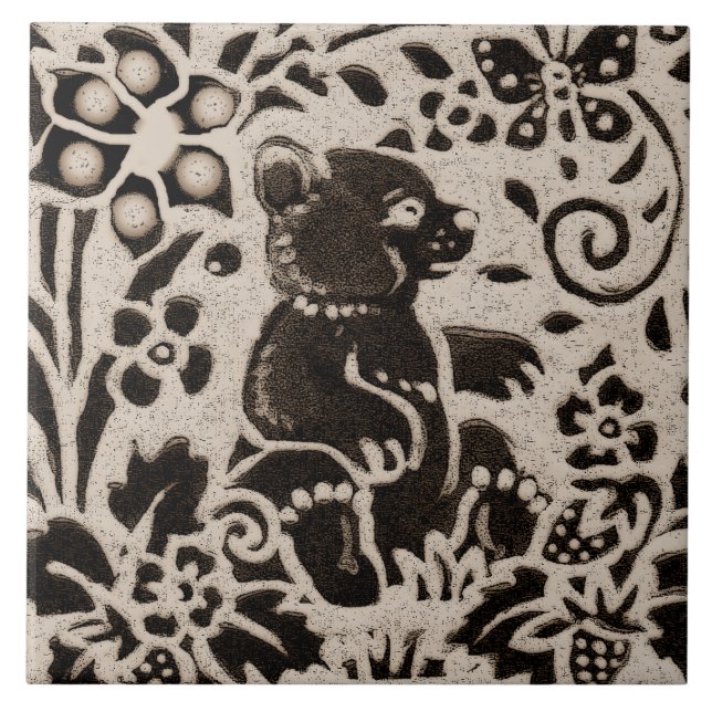 Bear Batik Stoneware Woodland Animal Tan Gray Fliese (Vorderseite)