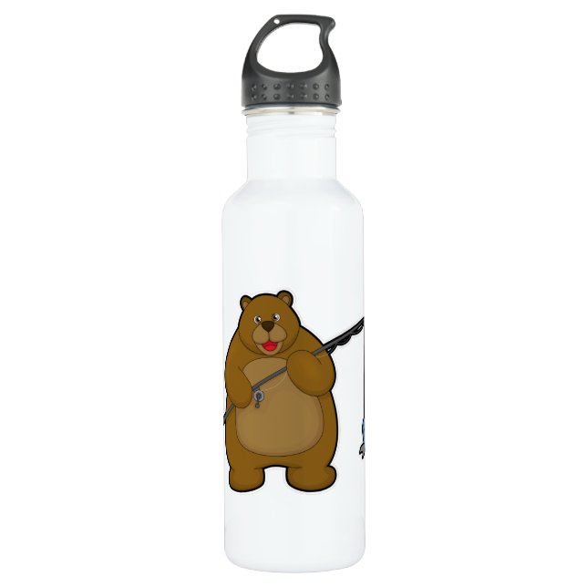 Bear beim Angeln mit Angelrute & Fisch Edelstahlflasche (Vorderseite)