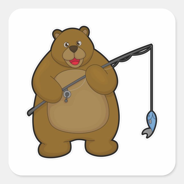 Bear beim Angeln mit Angelrute & Fisch Quadratischer Aufkleber (Vorderseite)
