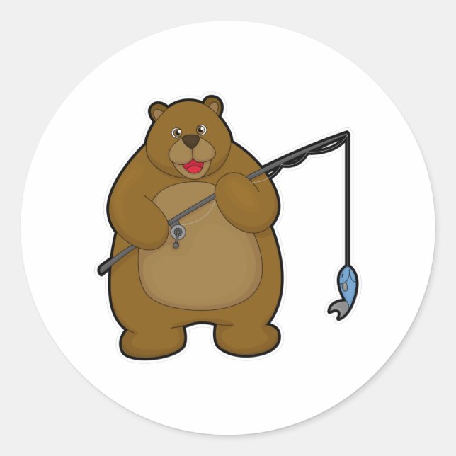 Bear beim Angeln mit Angelrute & Fisch Runder Aufkleber (Vorderseite)