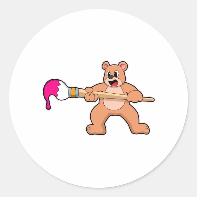 Bear beim Malen mit Pinsel und Farbe Runder Aufkleber (Vorderseite)