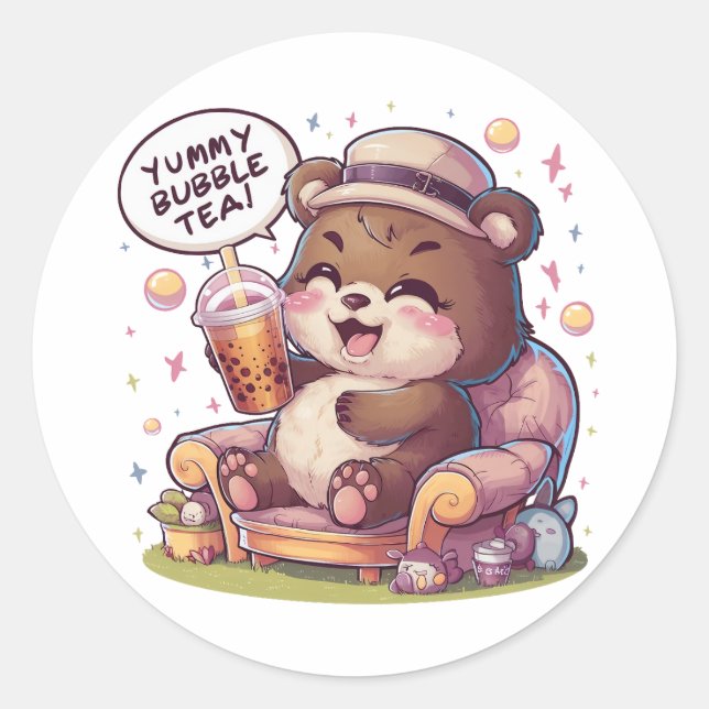Bear bezaubernder Cartoon: Gemütlich, Kawaii Vibes Runder Aufkleber (Vorderseite)