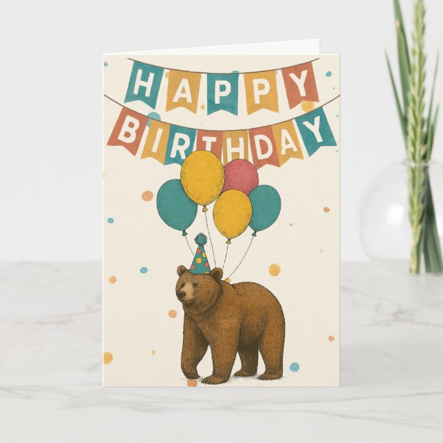 Bear Birthday Card - Niedlicher Party Bär mit Ball Karte (Vorderseite)