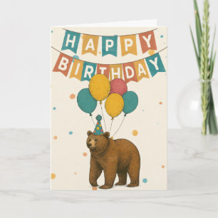 Bear Birthday Card - Niedlicher Party Bär mit Ball Karte