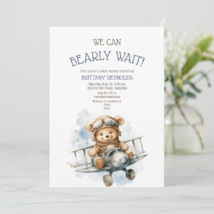 Bear Blue Baby Dusche mit einem Flugzeug warten Einladung