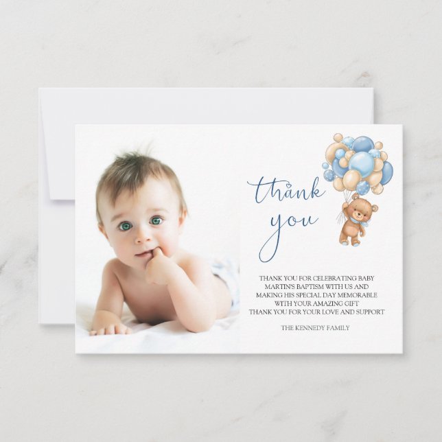 Bear Blue Balloons Baby Foto Danke Karte (Vorderseite)