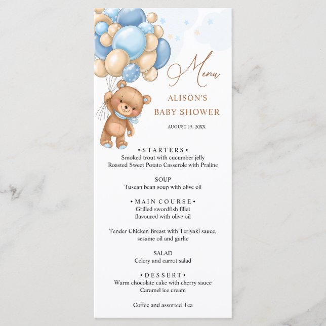 Bear Blue Balloons Baby Showmenü Menükarte (Vorderseite)