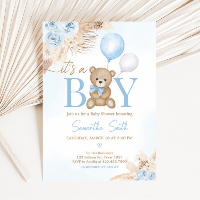 Bear Blue Bear Baby Dusche abwarten Einladung (Blue Boho Bear Balloon Baby Shower Invitation)