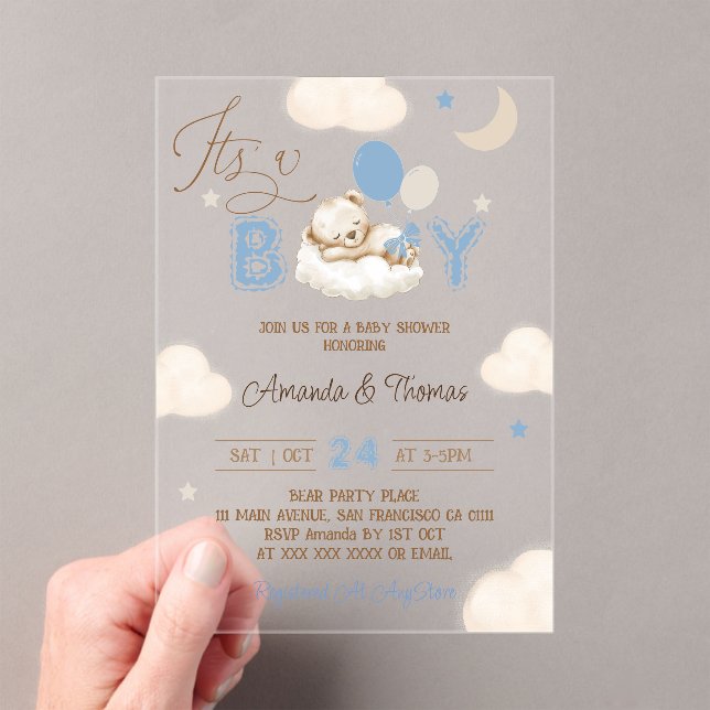 Bear Blue Boy Baby Dusche Acryleinladungen (Insitu (Handheld))