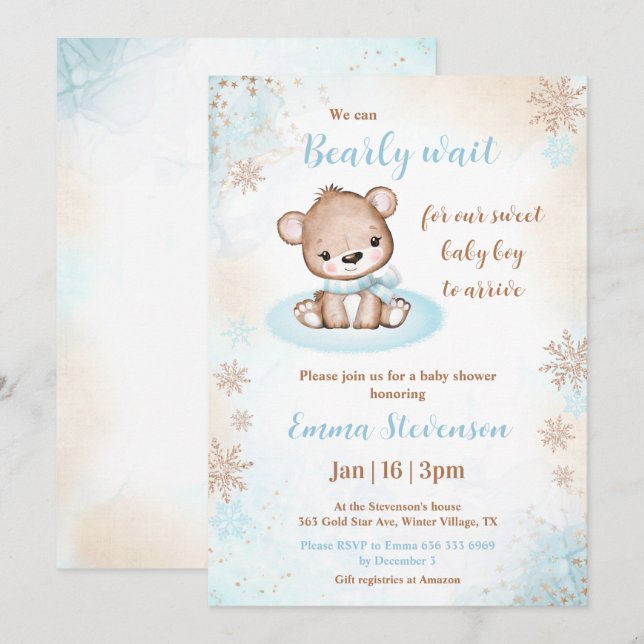 Bear Blue Gold Boy Baby Showdusche abwarten Einladung (Vorne/Hinten)