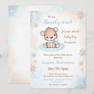 Bear Blue Gold Boy Baby Showdusche abwarten Einladung