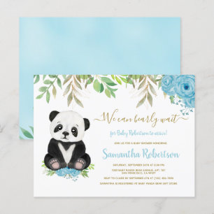 Bear Blue Greenery Floral Gold Boy Baby Dusche Einladungspostkarte