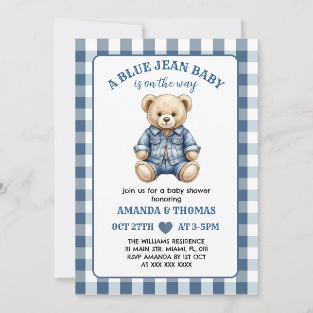 Bear Blue Jean Baby shower Invitation (Devant)