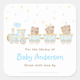 Bear Blue Train Baby Dusche Buchzeichen Quadratischer Aufkleber