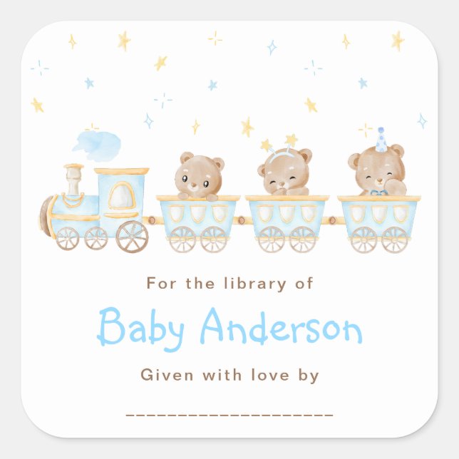 Bear Blue Train Baby Dusche Buchzeichen Quadratischer Aufkleber (Vorderseite)