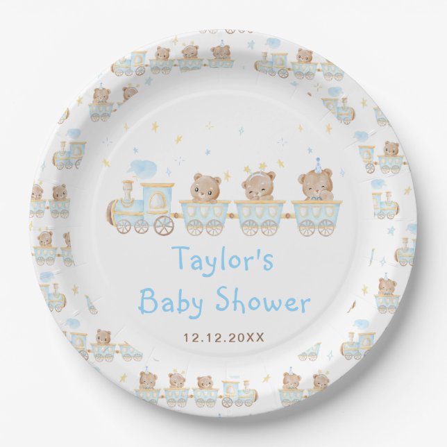 Bear Blue Train Baby Dusche Pappteller (Vorderseite)