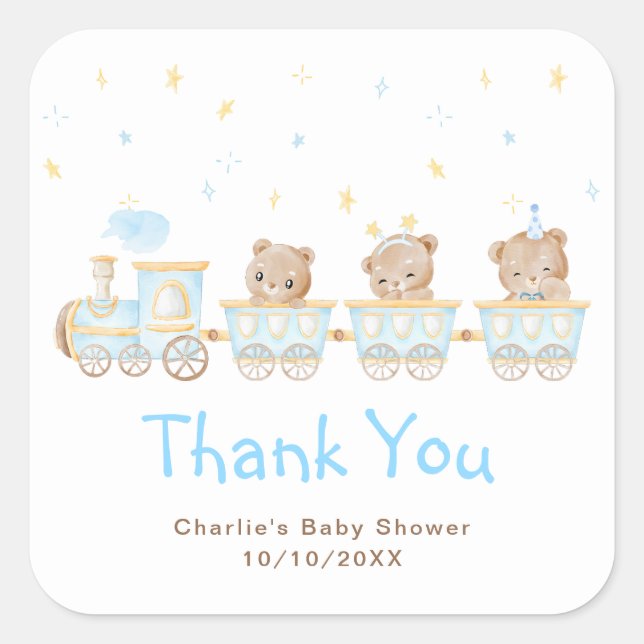 Bear Blue Train Baby Dusche Vielen Dank Quadratischer Aufkleber (Vorderseite)