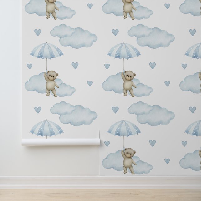 Bear Blue Umbrella Clouds Hearts Baby Boy Kinderzi Tapete (Anwendung)