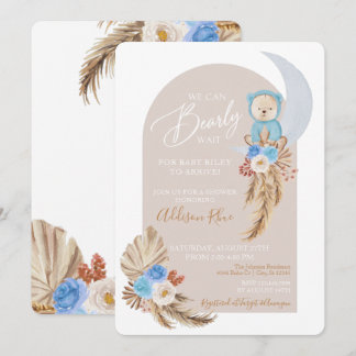 Bear Boho Blue Floral Baby Boy Dusche Einladung