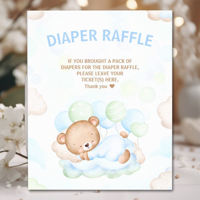 Bear Boy Baby Dusche Blue Green Diaper Raffelzeich Poster (Bear Boy Baby Shower Blue Green Diaper Raffle Sign)